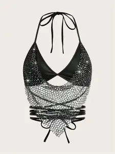 ICON Y2K Fishnet Halter Neck Glitter Party Bra Top – Football Jersey Style