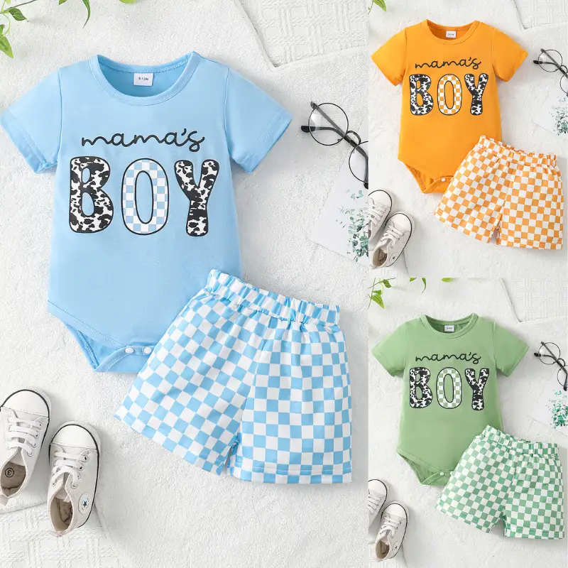 Ready Stock Summer Outfit For 0-18M Baby Boys Mother's Day Stylish Letter Graphics Short Sleeve Romper Tops Checker Pattern Shorts Set 2Pcs GF12231131