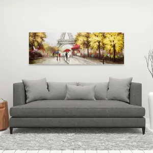 212 MAIN Contemporary Beige Canvas Wall Art - 16x48 in. Passersby Near The Eiffel Tower Photo Print with Trees, Home Decor Poster, Artistic, Artwork
