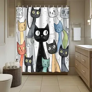 Cartoon Stick Figure Colorful Cat Design Printed Shower Curtain, for bathroom decoration, Bathroom Decoration Accessories, waterproof, wear-resistant, easy to clean, machine washable, multi-size optional, send shower curtain hook