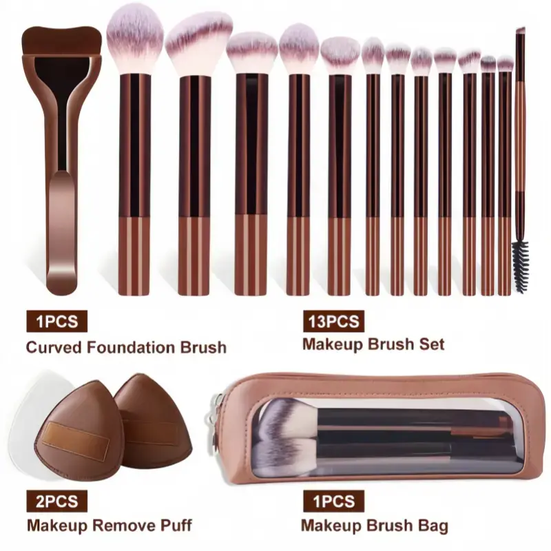 Women's Professional Soft Bristles Everything Brush Kit Pack - 8/14-Piece Lightweight Makeup Tool Set, 2 Palm Powder Puffs, 1 Storage Bag, Cosmetic Tools, Lightweight Makeuptool Set