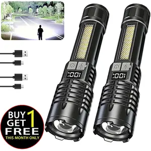 2/4PACKS High Lumen Rechargeable Flashlights,  5 Modes With COB Light Tactical Accessories Ultra-Bright Flashlights, Zoomable  Handheld Digital Display Flashlight, for Outdoor Emergency Signaling Backyard BBQ Rechargeable Multimode LED Flashlight