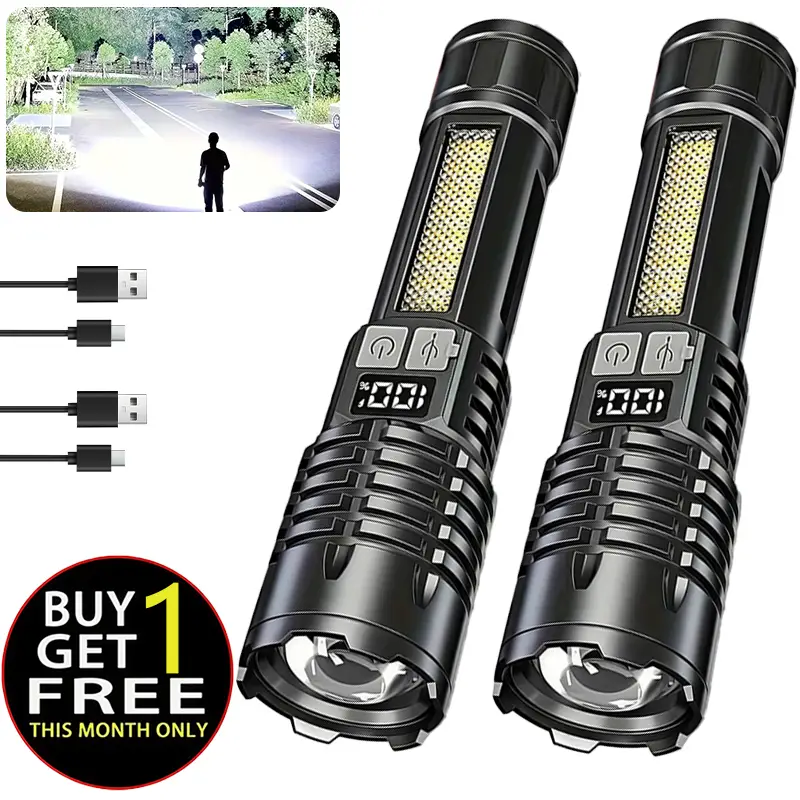 2PACKS High Lumen Rechargeable LED Flashlights Ultra-Bright Flashlights 5 Modes With COB Light Tactical Accessories, Zoom-able Torch Handheld Digital