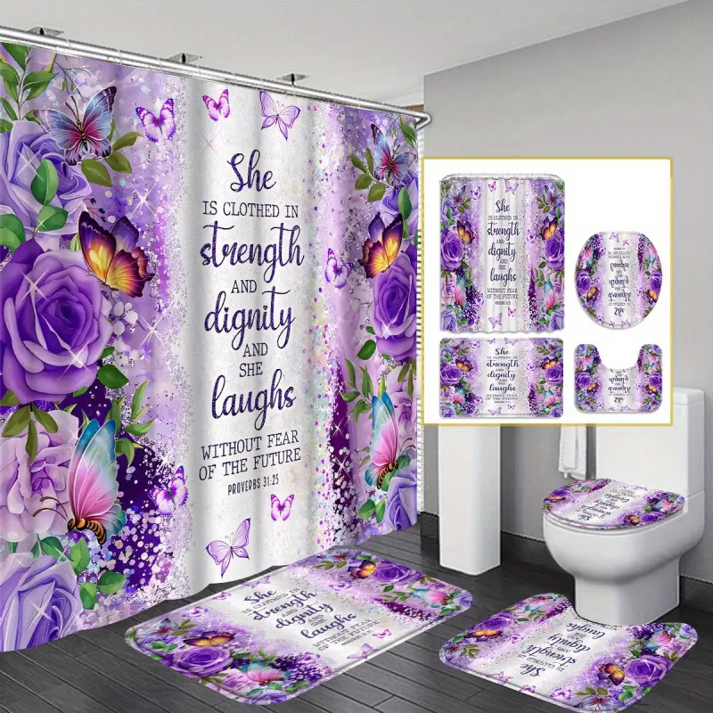 4pcs Purple Flowers and Butterflies Shower Curtain Gift Modern Home  Decoration Curtain and Toilet Floor Mat 3pcs  with 12 Shower Curtain Hooks valentine's  day   bathroom decor set