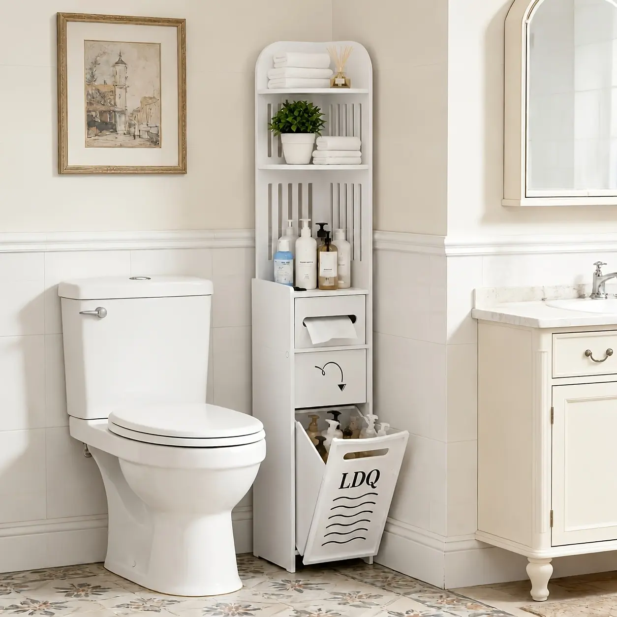 47-Inch Modern Slim PVC 2-Layer Bathroom Floor Storage Cabinet - Single Unit Home Supplies with Paper Holder, Hidden Trash Cabinet, Narrow Width White Stand for Apartment, Entryway