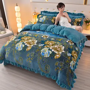 Elegant European Style Flannel Bed Sheet Set, Include 1 Duvet cover and 2 Pillowcases, Soft Warm Blue Bedding for Winter, Soft Bedding Sets