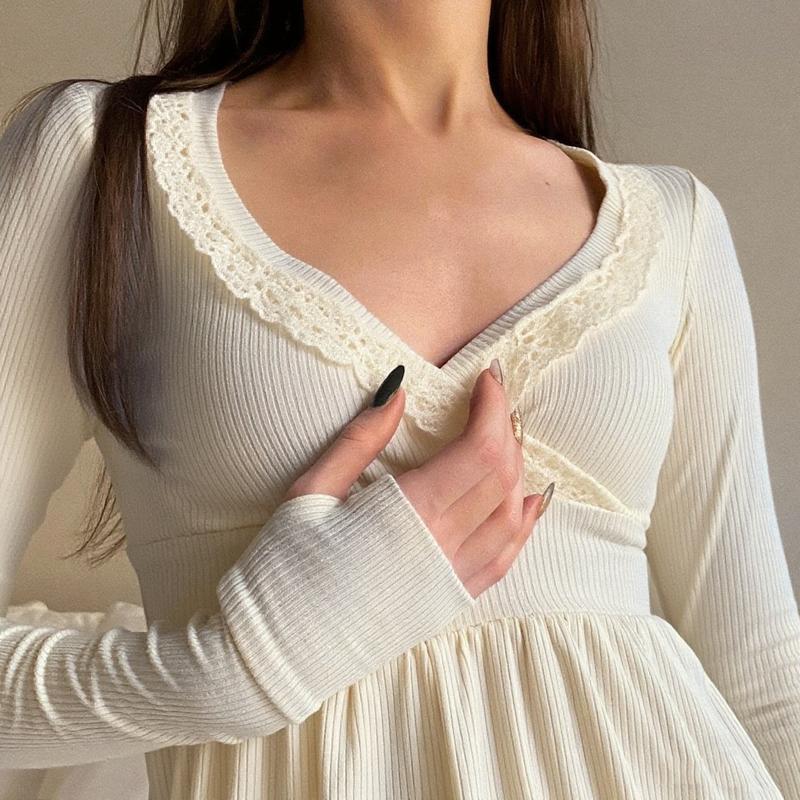 Women's Vintage Lace Trim V-Neck Long Sleeve Ribbed Peplum Top - Elegant Casual Babydoll Blouse