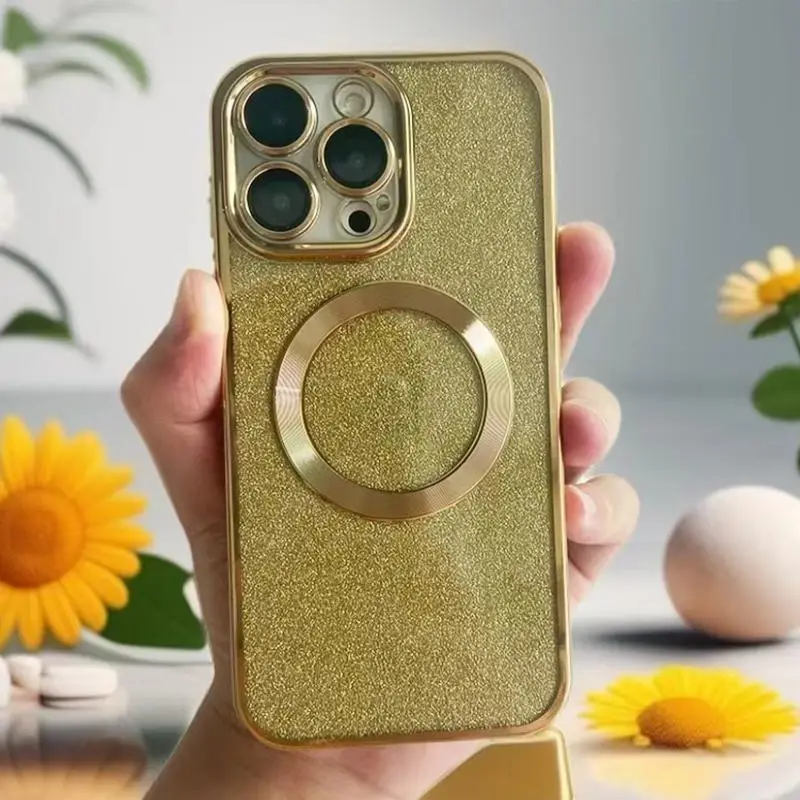 Mobile Phone Case with Camera Lens Protector for Summer, Magnetic Glitter Design Cellphone Protective Cases, TPU Phone Covers for iPhone 15 14 13 12 1