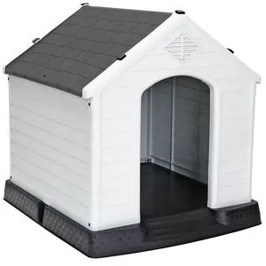 Medium Plastic Dog House - All Weather Indoor Outdoor Kennel, White with Removable Gray Roof, Pet Supplies Dog Furniture