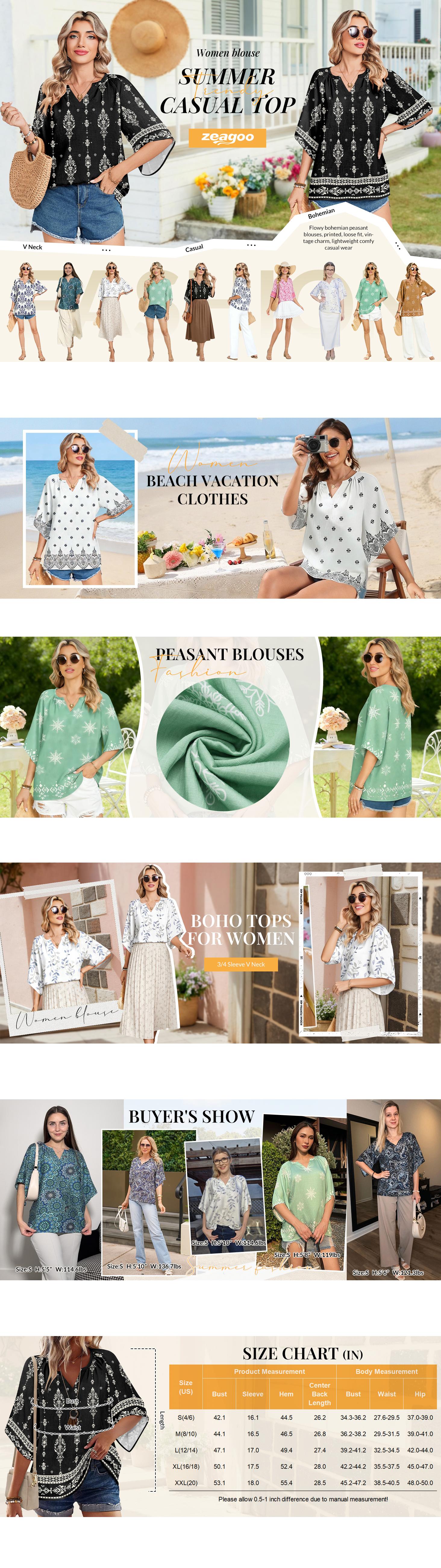 Womens Tops 3/4 Sleeve V Neck Bohemian Blouses Casual Loose Fit Tunic Boho Shirts Floral Printed Clothes Comfortable & Flowy Fit 2026 spring