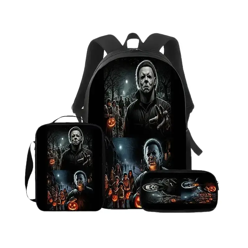 A Three-Piece Set of Horror-Themed Print Bags, Including a Backpack, a Crossbody Bag, And a Pencil Case. The Black Background Features Classic Character Designs