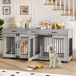 71" Double Dog Crate Furniture with 3 Drawers, Large Wooden Dog Kennel with Removable Divider for 2 Dogs, Heavy Duty Pet Crate TV Stand & Side Table, Modern Indoor Dog House with Metal Wire, Furniture Style Crate for Large Breeds, Grey