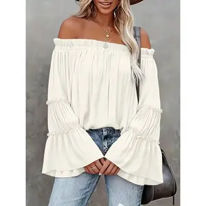 Elegant plus-size women’s one-shoulder long-sleeve top, casual loose shirt, fashionable and simple design, fashionable one-shoulder shirt GARMENTARY