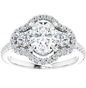 1 3/4 Ct Three Stone Halo Diamond & Oval Moissanite Engagement Ring White Gold