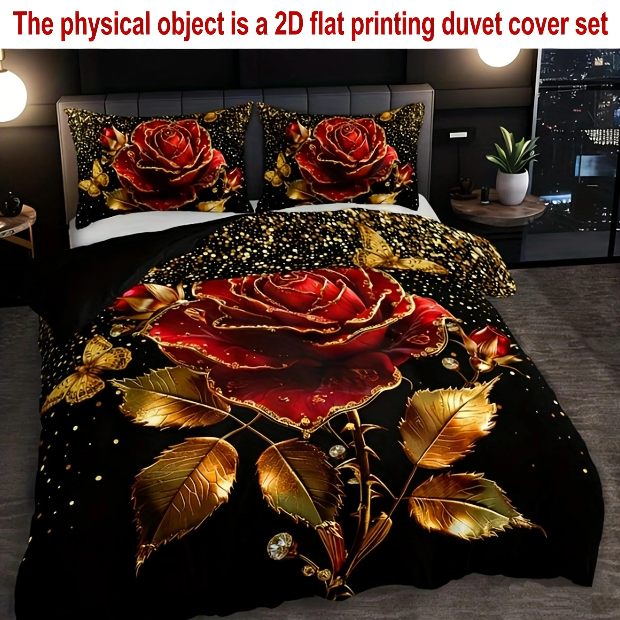 3PCS 2D Gold Rose Polyester Fabric Duvet Cover Set - 1 Duvet Cover + 2 Pillowcases (Pillow Inserts Not Included) - High-Definition Print, Ultra-Soft, Cottagecore Bedding for Home & Dormitory Use