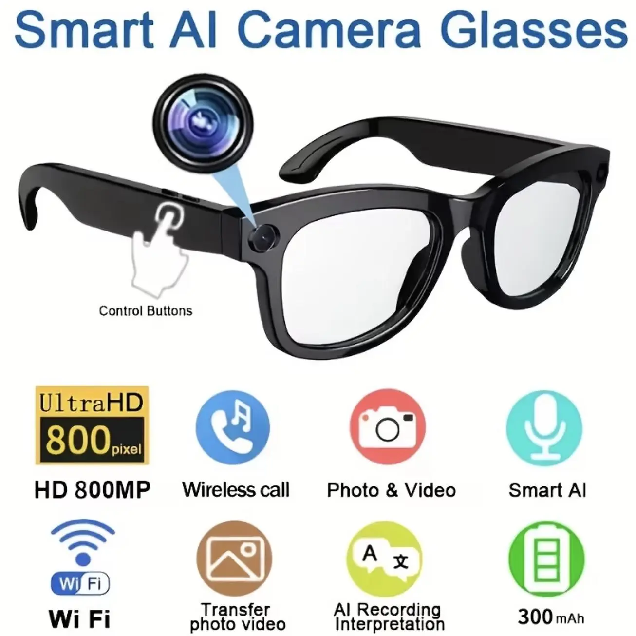 SMART AI CAMERA GLASSES UltraHD 800MP HD 800MP Wireless Call Photo Video Smart AI Wi Fi 300mAh Battery Wearable Best Selling