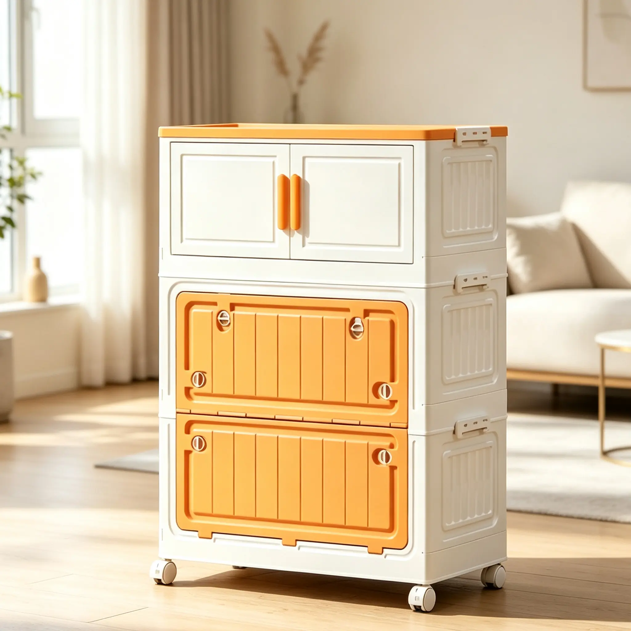 White Orange 3-Tier Foldable Stackable Storage Cabinet, 3-Way Open Collapsible Plastic Organizer with Lockable Wheels & Top, Tool-Free Assembly, Large Capacity Rolling Unit for Bedroom, Bathroom, Laundry, Small Apartment