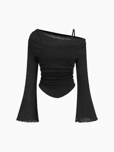 Cider Asymmetrical Neck Ruched Lettuce Trim Tee