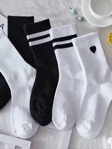 Women's Mid-Calf Socks, Striped Solid Color Heart Print Everyday Casual Sports Socks, Teenage College Style Long Socks, Comfortable Soft, All Seasons, Fit, Socks For Everyday Wear