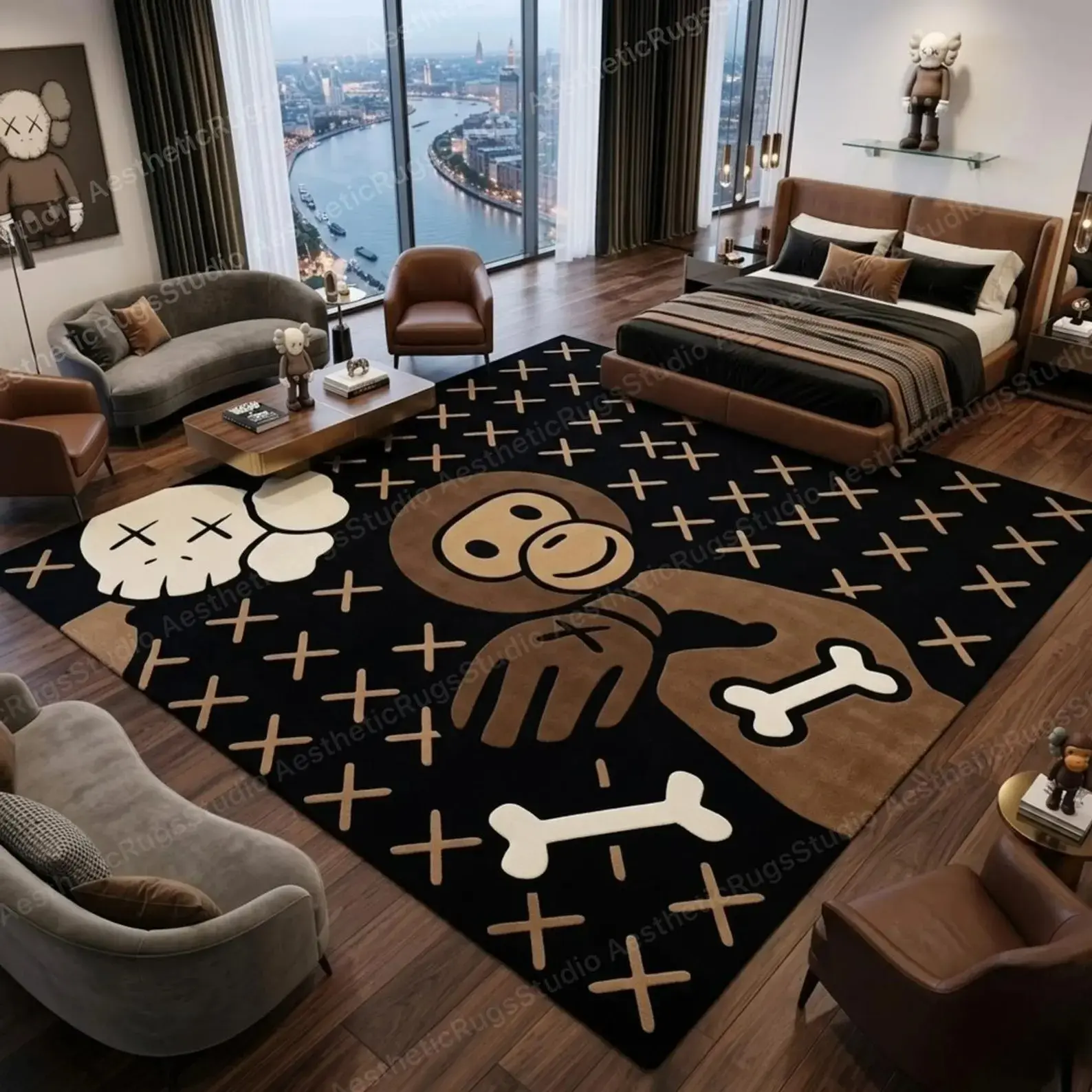 KAWS Inspired Large Hand-Tufted Wool Area Rug, Modern Abstract Brown Black Cream Luxury Hypebeast Home Decor, Available in 8x10, 9x12, 10x14 & Custom Sizes