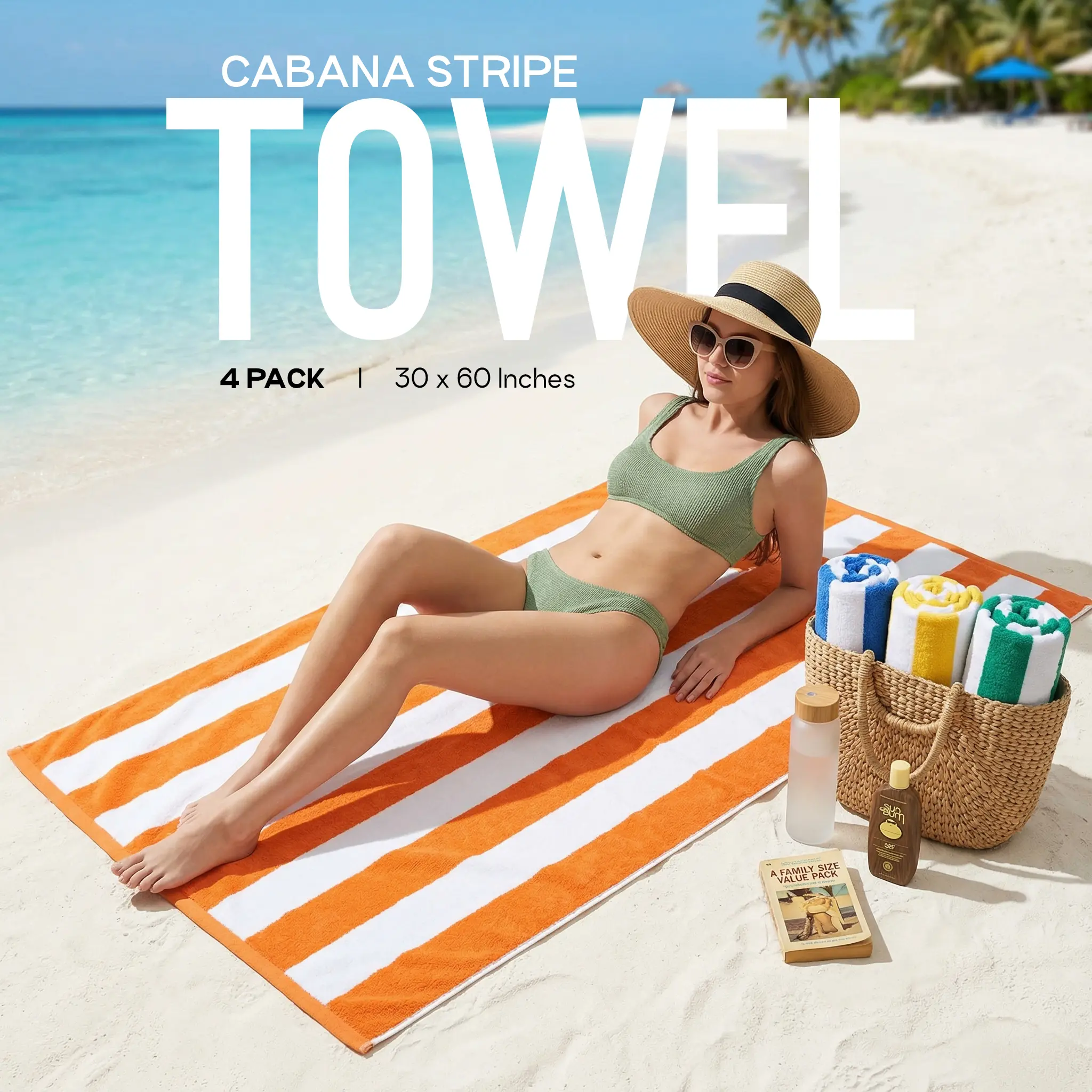 Utopia Towels 4-Piece Cotton Cabana Striped Pattern Beach Towels Set - 30x60 Inches Lightweight Soft Absorbent Water-Absorbent Pool Accessory, Absorbent Towel