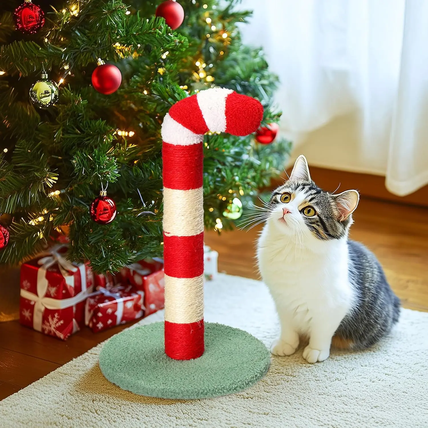 Christmas Cat Scratching Post, 20.5" Cute Candy Cane Cat Scratcher with Sisal Scratching Post & Soft Plushy Covering,Cat Tree Cat Scratch Post for Indoor Cats,Rascadores para Gatos,Style I