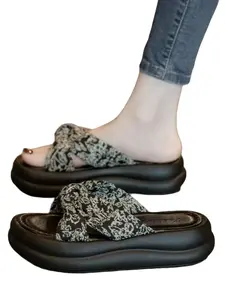 Women's Embroidered Knot Thick Sole Mules, Height-Boosting Platform Sandals, Outdoor Wear Slip-On Shoes, Comfortable and Stylish Footwear