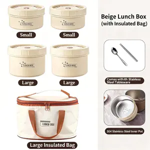 304 Stainless Steel Insulated Lunch Box Set Leak-Proof Bento Container with Handle Bag Multiple Sizes for Portion Control Heat-Resistant & Durable Food Jar in Creamy