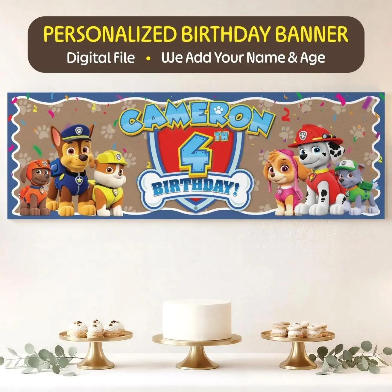 Personalized PAW Patrol Birthday Banner, Printable Party Backdrop