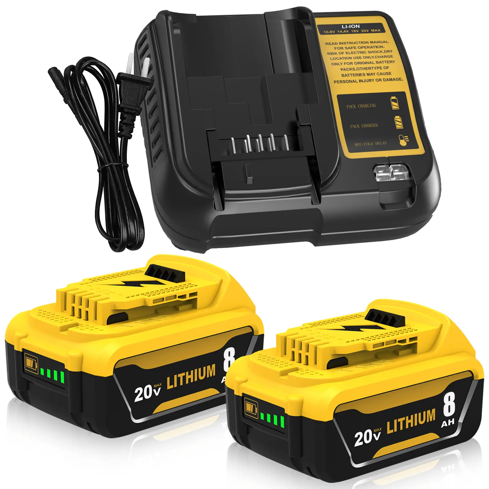 2-Pack 8.0Ah Heavy Duty Rechargeable Lithium Battery Powered Batteries for Dewalt 20V MAX Cordless Power Tools, DCB206 Series & DCB107 Charger