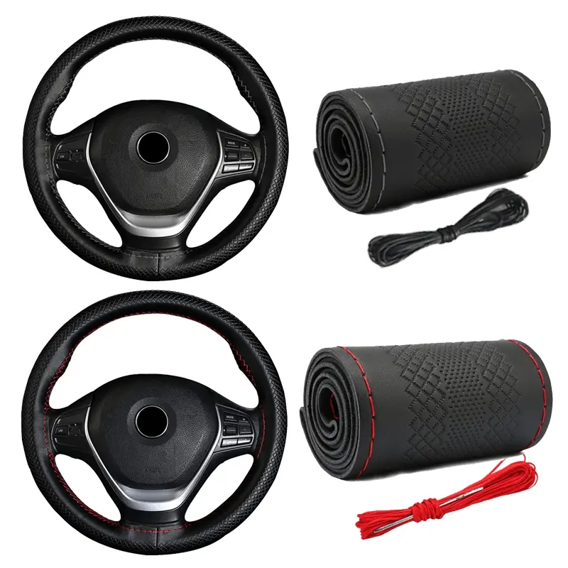 PU Leather Car Steering Wheel Cover With Needles And Thread Handsewn - Suitable For 38cm/15inch, DIY Anti-Slip Protective Case, Steering Wheel Protector, Auto Interior Accessories Decorations Automotive