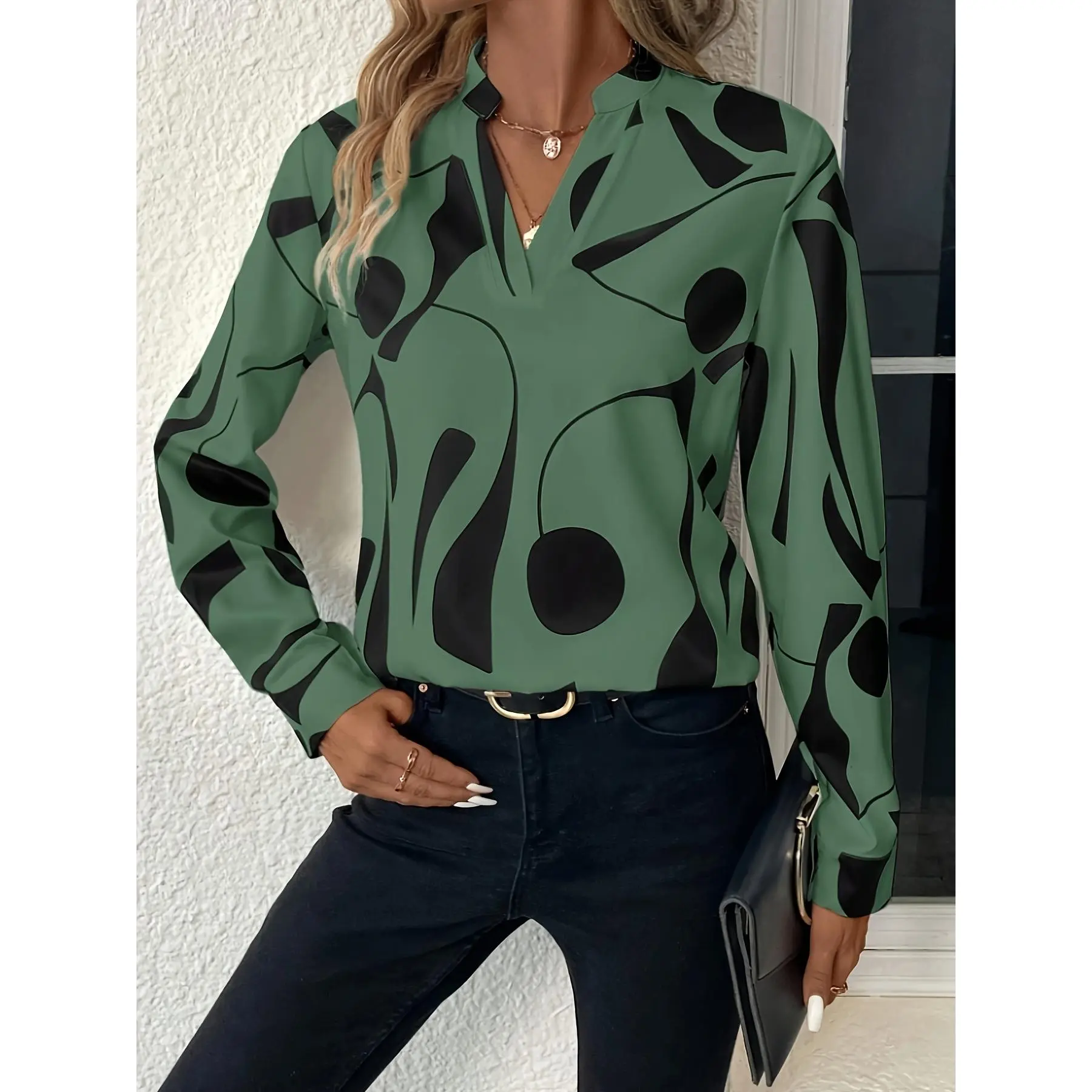Casual Long Sleeve Graphic Print Blouse - Notched Neck Loose Fit for Spring & Fall - Women's Clothing