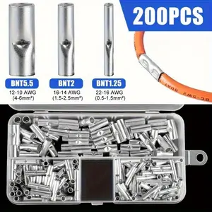200-Piece CopperMaster - High-Quality Non-Insulated Wire Connectors Kit for Cable Wiring - Durable Electrical Crimp Butt Splice Terminals with Recessed Mount, 22-10 AWG, Crimp Termination for Safe and Reliable Connections