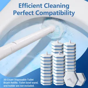 Toilet Brush Replacement Heads (30 pcs) Features built in powerful cleaning solution Compatible with most standard toilet brush handles Hygienic no-touch cleaning solution Effortlessly removes toilet stains and bacteria Maintains bathroom cleanliness Idea