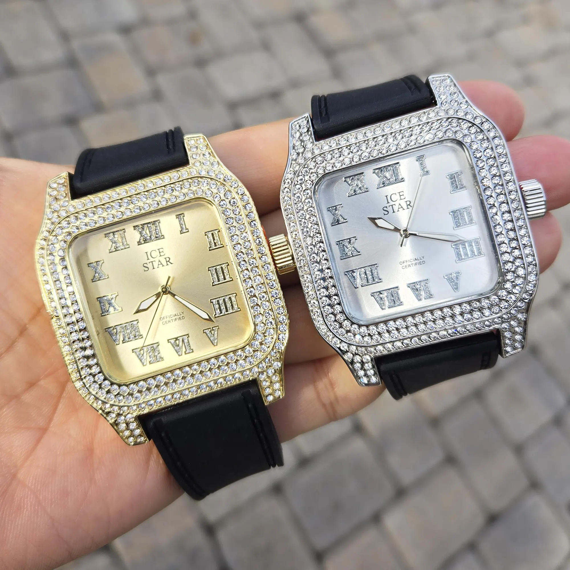MaxBling81 Men's Rectangle Analog Watch, Elegant Square Dial with Iced Out Look, Simulated Diamonds, Black Silicone Band, Fashionable Watch, Square Dial Face, Japanese Quartz, Waterproof, Simulated Gems, Male Wear, Gold, Silver Plated, Alloy