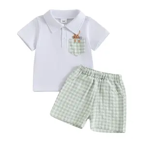 Toddler Baby Boys Easter Outfits Bunny Embroidery Plaid Turn Down Collar Short Sleeve Shirt with Plaid Shorts 2Pcs Clothes Set