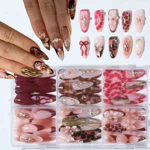 144 Almond Shape Medium Nail Tips Set, Press On Nail, Glossy Finish, Butterfly & Cross Designs, Pearl Elements, Leopard Print, Star Pattern, for Women & Girls