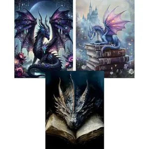 5D DIY Full Drill Diamond Painting Kit Fantasy Dragon 3-Piece Set Magic Book Castle Art Craft for Adults Home Wall Decor