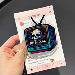 Retro TV Glitch MagSafe Phone Grip, Skull No Signal Griptok, Cyberpunk Aesthetic Phone Stand, Vaporwave Style Accessory Gift