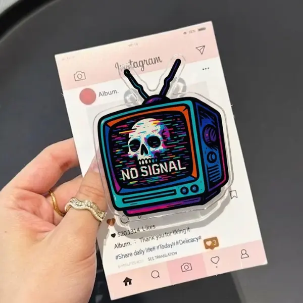 Retro TV Glitch MagSafe Phone Grip, Skull No Signal Griptok, Cyberpunk Aesthetic Phone Stand, Vaporwave Style Accessory Gift
