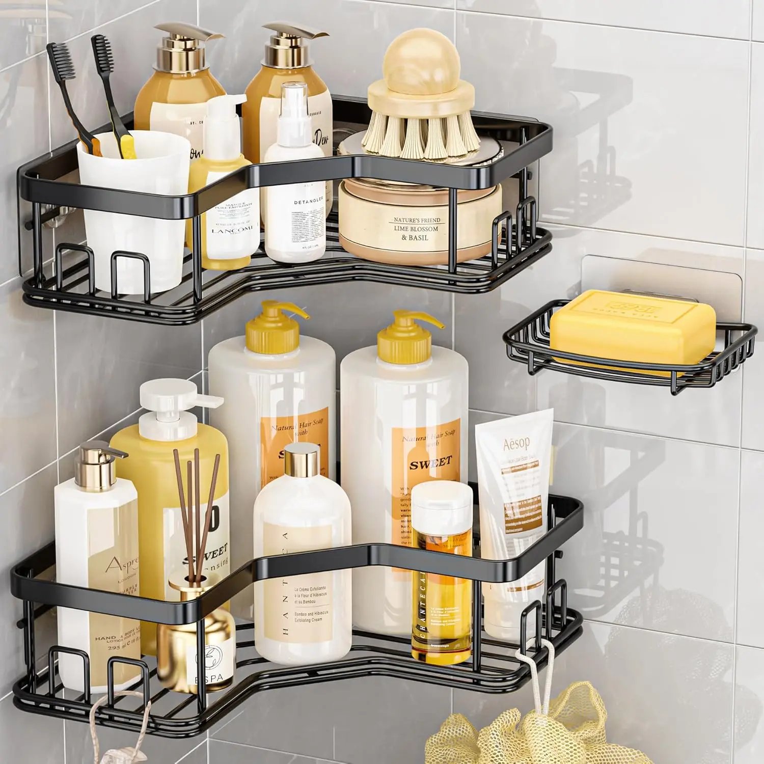 ZHOHO TANT 3-Pack Black Rectangular Carbon Steel Wall-Mounted Corner Shower Caddy, Adjustable Shelves, Soap Holder, 8 Hooks, No-Drill Strong Adhesive Vertical Removable Storage Organizer (Hooks with Shelf Shelving & Storage), No-Drill Install Solutions, S