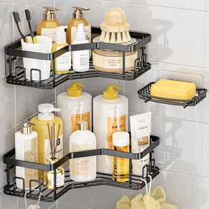 3/5Pack Shower Caddy, Shower Organizer with Soap Holder, Corner Shower Caddy with 8 Hooks, Wall Mounted Shower Shelf for Bathroom, Kitchen, Countertop, Black