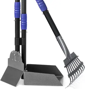 Adjustable Dog Waste Removal Kit - Long-Handled Pooper Scooper Set with Stainless Steel Handles - Convenient Pet Poop Tray and Rake Swivel Pooper