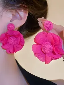 Large Flower Earrings, Sweet Dream Camellia, Bold Large Flower Resort Style Fabric Earrings, Fashionable Jewelry Accessories