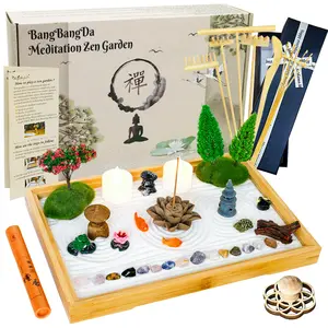 Mini Japanese Zen Garden Kit for Desk - Meditation Rock Sand Garden for Birthday Gift Unique Office Home Desktop Relaxation Decoration Decor Bamboo Rakes Bonsai Tree Pagoda Accessories Tools Kits