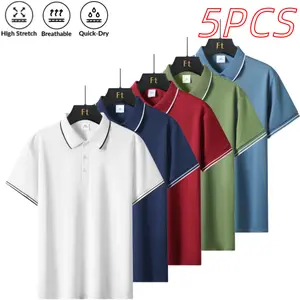 Summer contrast-trim polo shirt for men, business-casual style, breathable quick-dry, highly elastic and skin-friendly; suitable for commuting, work, and everyday wear; minimalist solid-color top, set of five. fathersdaygift