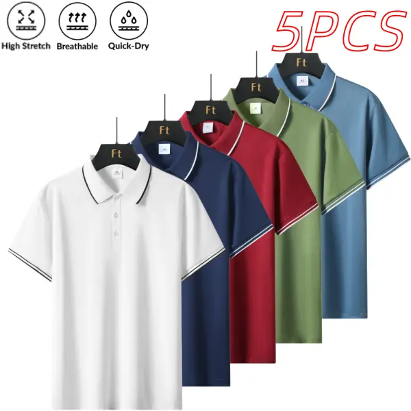 Summer contrast-trim polo shirt for men, business-casual style, breathable quick-dry, highly elastic and skin-friendly; suitable for commuting, work, and everyday wear; minimalist solid-color top, set of five.