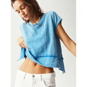 bohemian Style Ladies Casual Solid Color Knitted Round Neck Short Sleeve Asymmetric Hem T-shirt