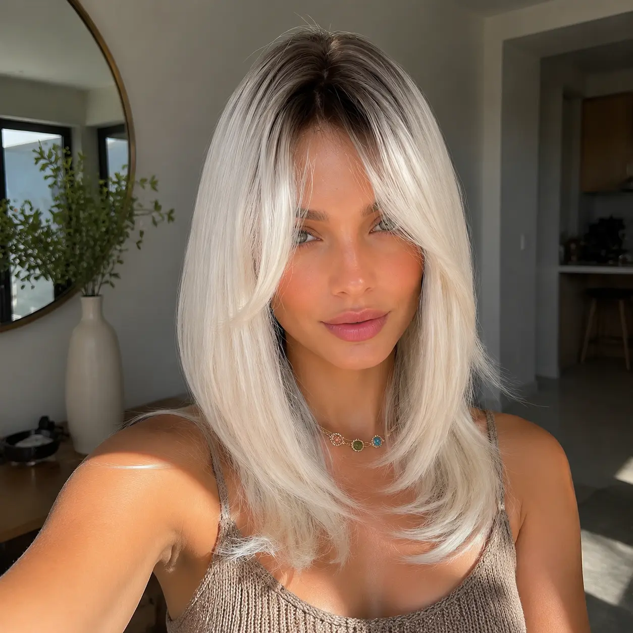 SMILCO/22Inch Ombre Brown Ash Platinum Medium Straight With Bangs Synthetic Wig #Summervibes SM435