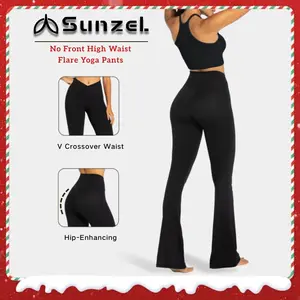 Sunzel No Front Seam High Waist Flare Leggings Crossover Yoga Pants 80% Nylon 20% Spandex Gym Tights for Women